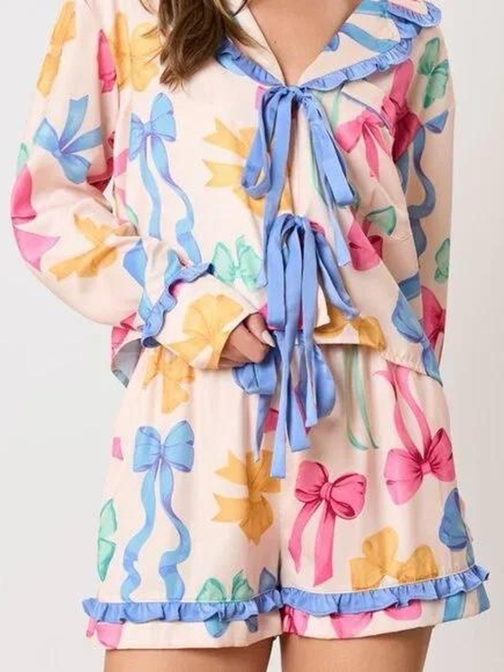 Women large Pastel Bow-Print Pajama Set with Blue Trim and Tie Front